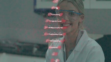 Poster - Animation of dna strand over caucasian female scientist working in lab