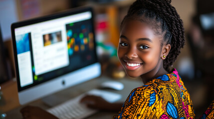 Wall Mural - African Girl a designing a website on a computer