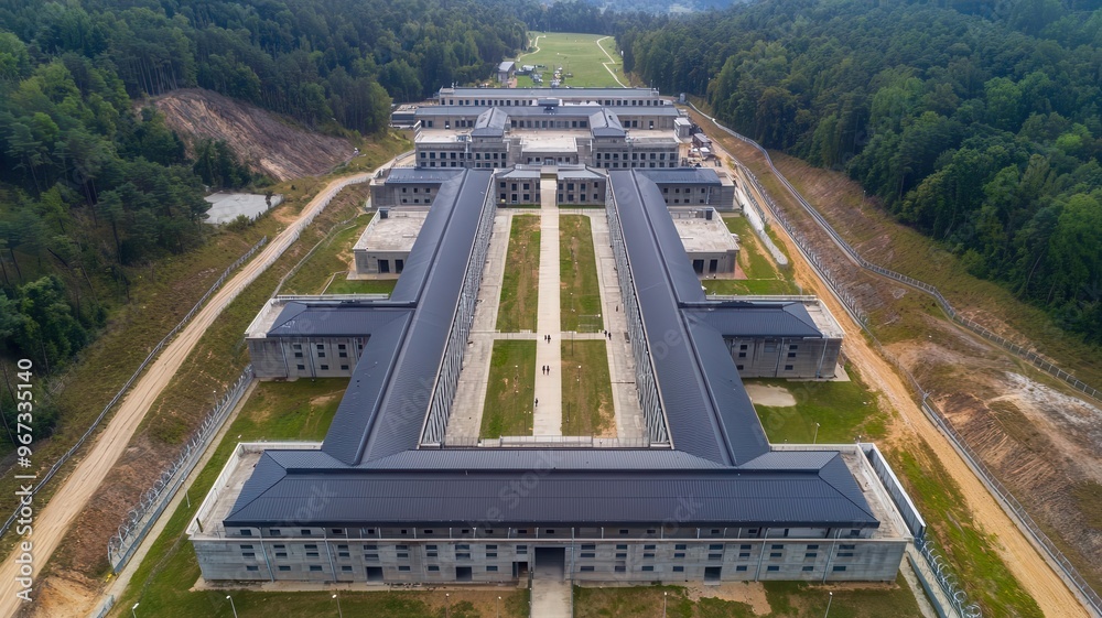 Aerial view of a massive, high-security prison complex, Jail ...