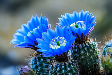 Wall Mural - Three vibrant blue cactus flowers bloom beautifully atop a spiky cactus.