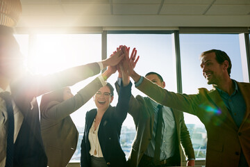 Poster - Happy, business people and high five with team for collaboration, motivation or success at office. Group, employees and hands together with unity for solidarity, community or mission at workplace