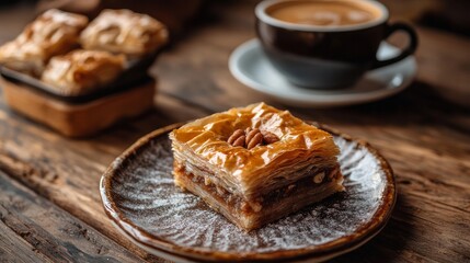 Wall Mural - Bosnian baklava is a dense, sweet pastry delicacy consisting of layers of filo pastry filled with chopped nuts, sweetened, and sealed with syrup. A classic Turkish coffee is behind it.