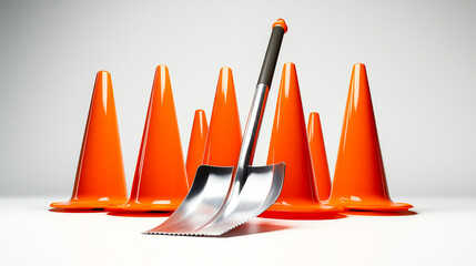 Wall Mural - Bright orange traffic cones arranged neatly around a polished steel shovel