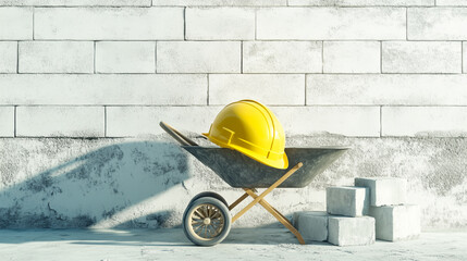 Wall Mural - Bright yellow construction helmet placed on a stylish wheelbarrow