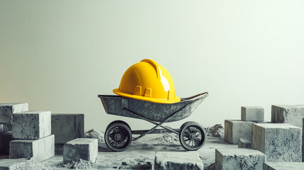 Wall Mural - Bright yellow construction helmet placed on a stylish wheelbarrow