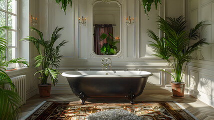 Canvas Print - Luxury antique bathroom featuring a deep black tub, plush carpet, potted plants, a white wall mirror, and copy space