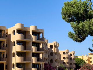 Typical Portuguese architecture, round shaped balconies of a modern apartment block