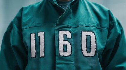 Close-up of a prisoner s number sewn onto their uniform, Prison identity, institutional life