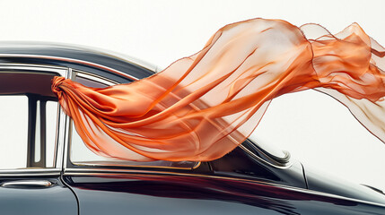 Sticker - Elegant silk scarf flowing from an open window of a vintage car