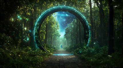exploring nature gate teleport portal in forest walking into a parallel universe for interstellar tr