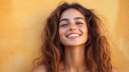 Poster - Smiling Woman with Brown Hair in Front of a Yellow Wall