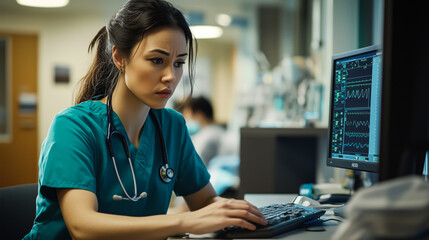 Poster - Female doctor in a teal scrub, stethoscope around neck