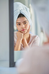 Wall Mural - Mirror, thinking or woman in bathroom with beauty, glow or wellness in home for treatment. Towel, serious and girl with confidence, cosmetics results or skincare ideas with health or morning routine