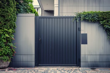 A modern, tall metal gate with vertical slats, surrounded by lush greenery and a cobblestone pathway, creating a welcoming entrance.