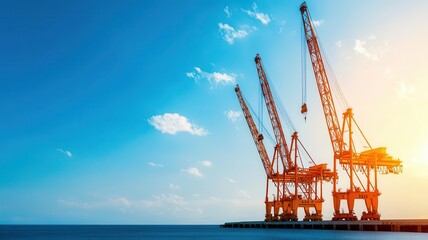 Giant cranes silhouetted against a sunset at a shipping terminal, Shipping infrastructure, global trade hubs