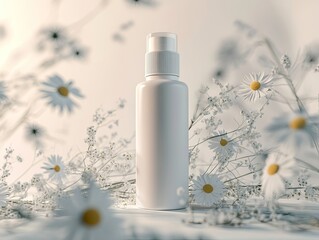 Wall Mural - A white bottle of skincare product sits on a table, surrounded by chamomile flowers and leaves. mockup