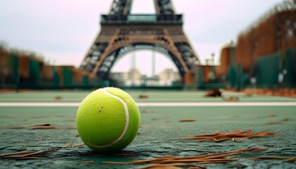 Wall Mural - Tennis ball resting on the ground with the iconic Eiffel Tower softly blurred in the background