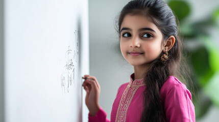 Poster - Indian Girl wearing a pink kurta practicing calligraphy on a whiteboard