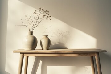 Minimalist still life of two ceramic vases with dried branches on a simple wooden table, lit by soft, natural light casting gentle shadows.