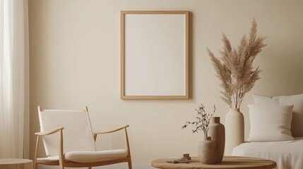 Poster - A cozy and minimalistic living room with neutral tones, a wooden chair, and decorative elements highlighting tranquility