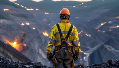 Wall Mural - Overlooking a mining operation at dusk with a worker in high-visibility gear