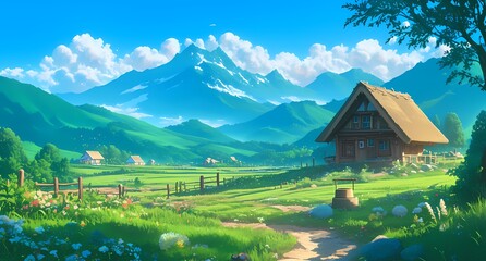 Wall Mural - Farmhouse in cartoon style, surrounded by green fields, pastel colors