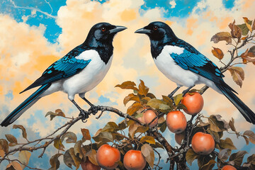 A painting of two birds sitting on a branch of a tree with apples