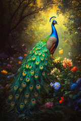 Poster - A peacock standing in a field of flowers in the woods