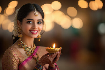 Wall Mural - happy indian woman holding oil lamp on diwali festival