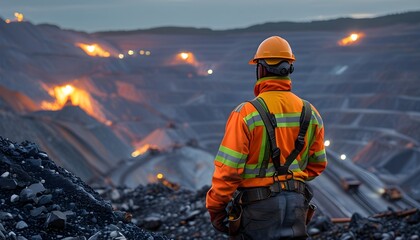 Wall Mural - Overlooking a mining operation at dusk with a worker in high-visibility gear