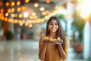 Canvas Print - happy indian woman holding oil lamp on diwali festival