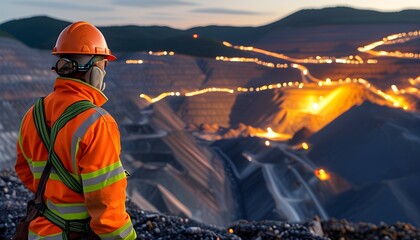 Overlooking a mining operation at dusk with a worker in high-visibility gear