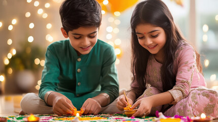 Sticker - indian brother and sister making Rangoli at home