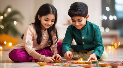 Sticker - indian brother and sister making Rangoli at home