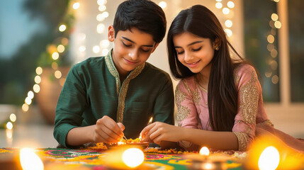 Sticker - indian brother and sister making Rangoli at home