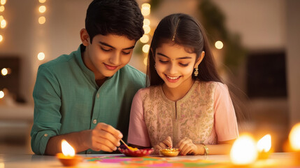 Sticker - indian brother and sister making Rangoli at home