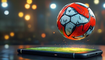 Fusion of technology and sports entertainment with a vibrant soccer ball hovering above a smartphone