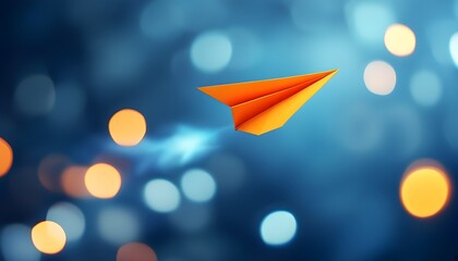 Wall Mural - Vibrant orange paper airplane soaring through a blurred blue sky, embodying creativity and the adventurous spirit of exploration