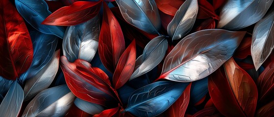 Abstract leaves in red, blue, and silver, modern design, high contrast lighting