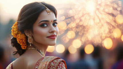 Sticker - Young Indian woman celebrating Diwali in traditional Indian Dress