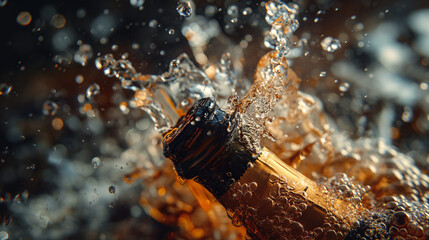 Champagne bottle, dynamic mood, cork popping, fizzing bubbles, dark background

