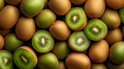 A pile of fresh market-ready kiwi fruits (Actinidia deliciosa), with their fuzzy skins and vibrant green flesh