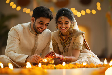 young indian couple sitting with oil lamps on diwali festival