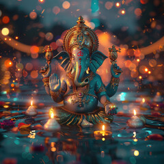 Wall Mural - Ganesha statue in the water with lights and lamp