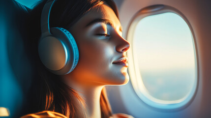 Canvas Print - Young adult listening to music inside a plane