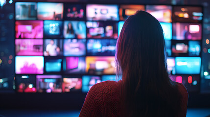 Woman watching smart TV wall displaying many streaming channels and online media entertainment and technology concept