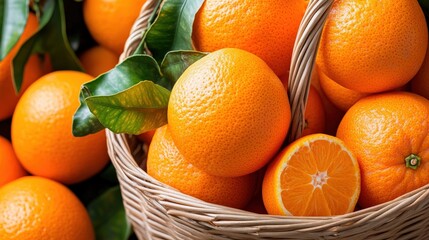 Wall Mural - A close-up of ripe, juicy oranges (Citrus sinensis) in a market basket, perfect for a refreshing snack