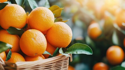 A close-up of ripe, juicy oranges (Citrus sinensis) in a market basket, perfect for a refreshing snack