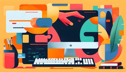 Digital Age Collaboration: Hands-on Learning with Abstract Shapes and Keyboard in a Stylized Illustration