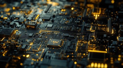 Fototapete - Close-up of a Circuit Board with Glowing Components